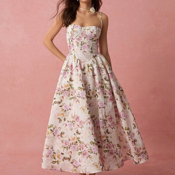 White Boho Romantic Women's Floral Long Print Spaghetti Strap A-Line Dress - Picture 7 of 7